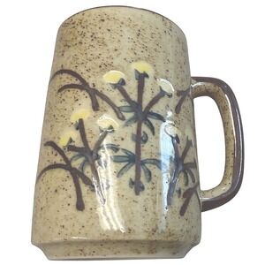 Vintage Speckled Ceramic Mug Dandelion Floral‎ Design Brown Handle